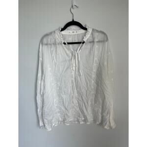MNG White Blouse Women 8 Sheer Long Sleeve Ruffle Collar‎ Tie Neck Lightweight